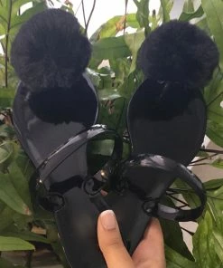 Fabulous Shoes Black Pom Poms Sandals