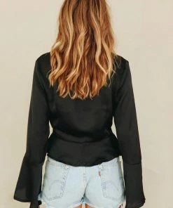 Fabulous Shoes TOPS Black Tie Up Front Ruffle Sleeve Blouse