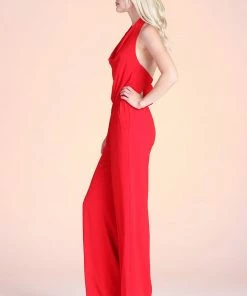 Fabulous Shoes Red Soft Satin Cowl Halter Jumpsuit JUMPSUITS