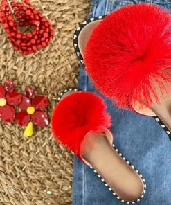 Fabulous Shoes Red Pom Poms Flats