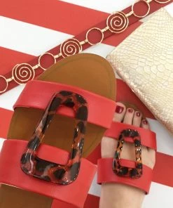 Fabulous Shoes Red Flat Slides Sandals