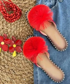Fabulous Shoes Red Pom Poms Flats