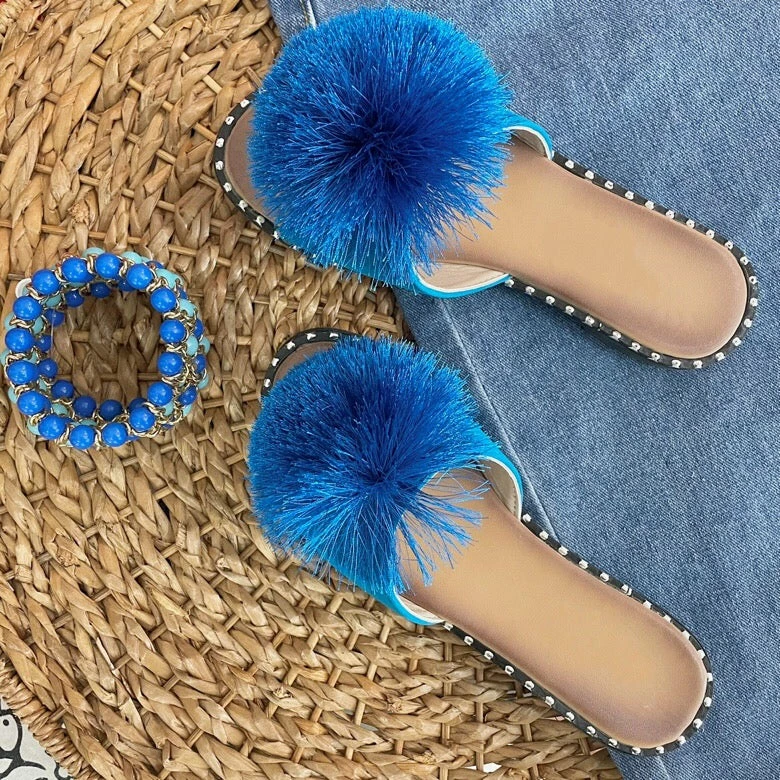 Fabulous Shoes Blue Pom Poms Flats 1 Fabulous Shoes Blue Pom Poms Flats